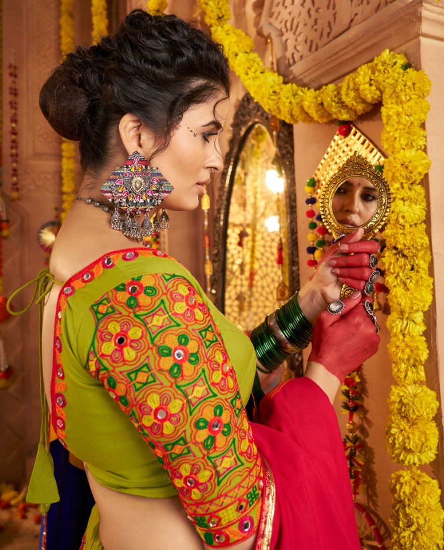 11011 - Elegant Green Viscose Cotton Embroidered Navratri Wear Lehenga Choli